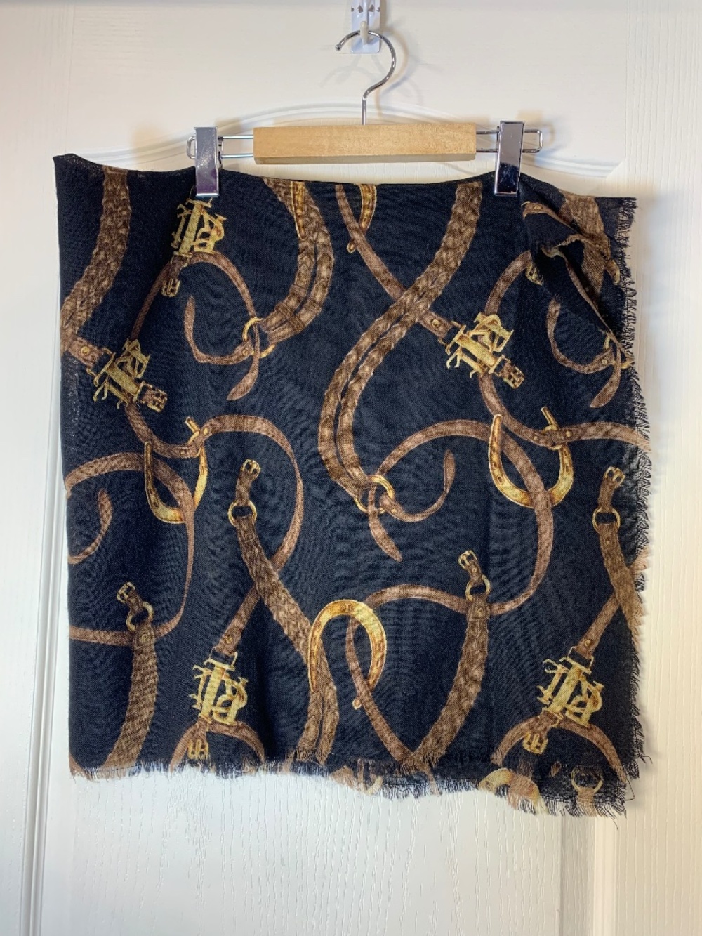 Lauren Ralph Lauren Equestrian Wool Scarf Black Brown Horsebit Print Heritage